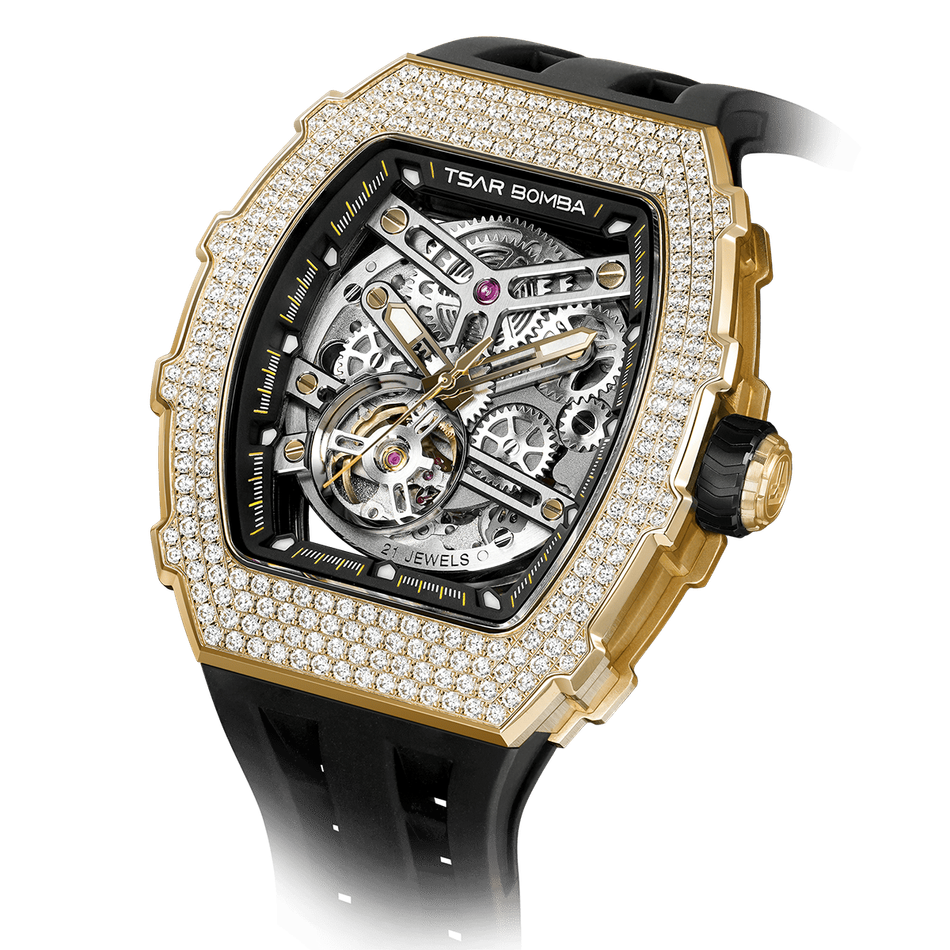 【贈太空人上鍊盒】Tsar Bomba | 元素系列 TB8208D-13 | 自動上鍊 金色鋯石水晶錶圈 黑色氟橡膠錶帶 機械錶 錶面細節