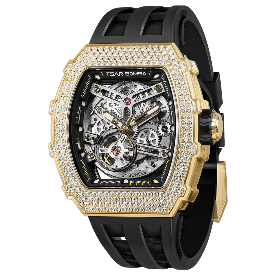 【贈太空人上鍊盒】Tsar Bomba | 元素系列 TB8208D-13 | 自動上鍊 金色鋯石水晶錶圈 黑色氟橡膠錶帶 機械錶  側面