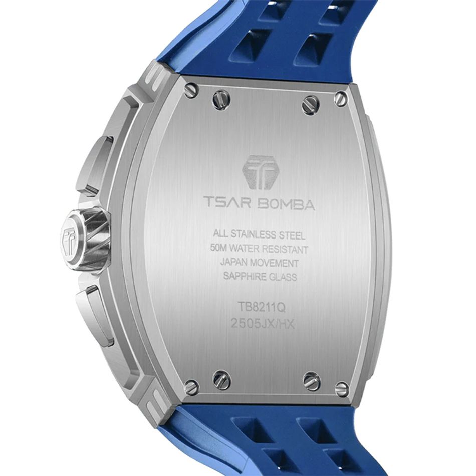 Tsar Bomba 機械公爵 | 元素系列 TB8211QII-09 | 銀框 藍色矽膠錶帶 石英錶背面