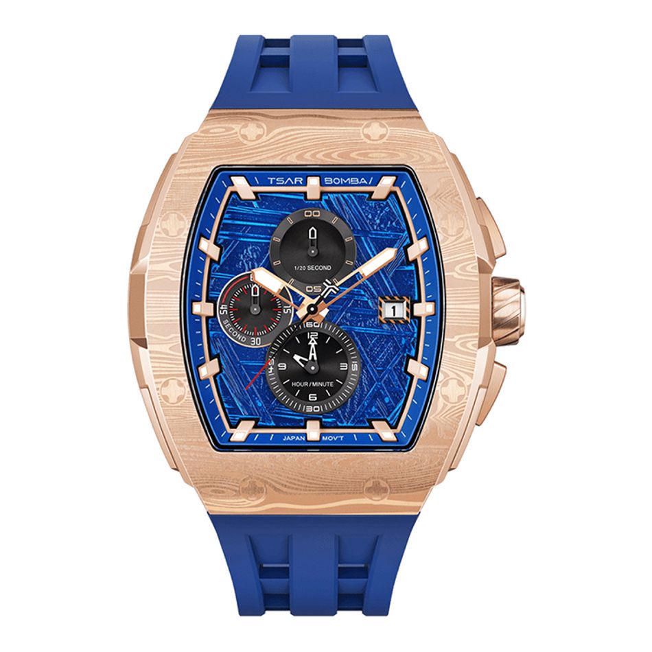 Tsar Bomba 機械公爵 | 元素系列 TB8211QII-10 | 玫瑰金框 藍色矽膠錶帶 石英錶正面