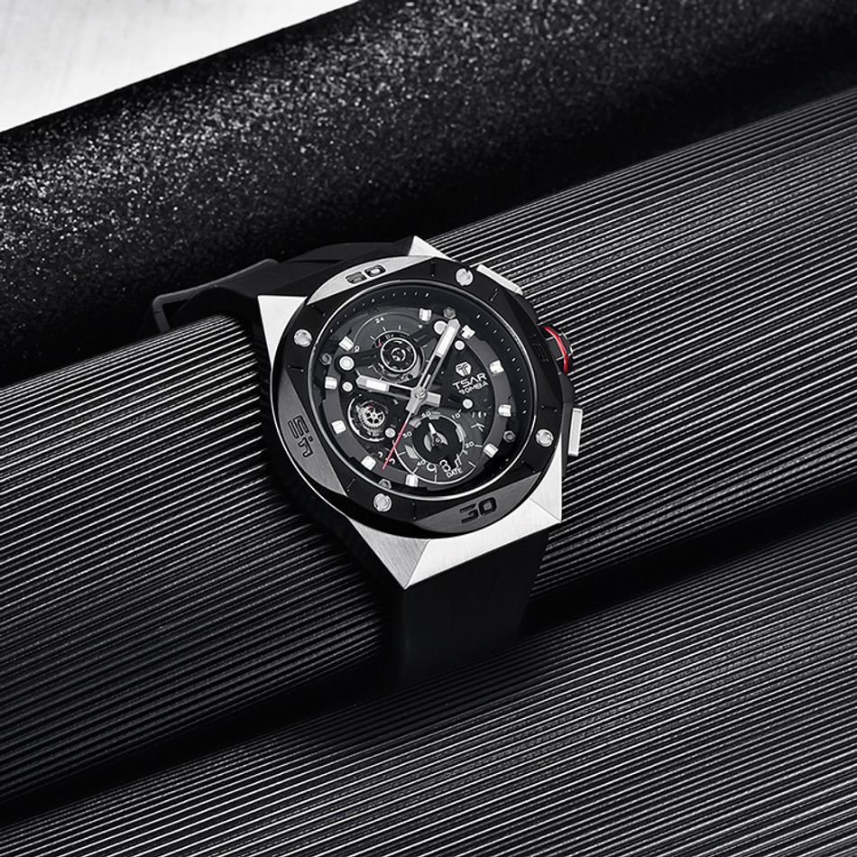 Tsar Bomba 機械公爵 | 元素系列 TB8801Q-01 | 黑框 黑色矽膠錶帶 石英錶錶面細節