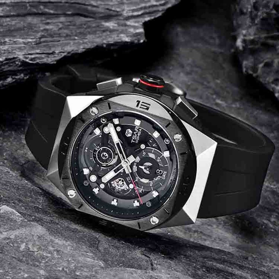 Tsar Bomba 機械公爵 | 元素系列 TB8801Q-01 | 黑框 黑色矽膠錶帶 石英錶側面展示