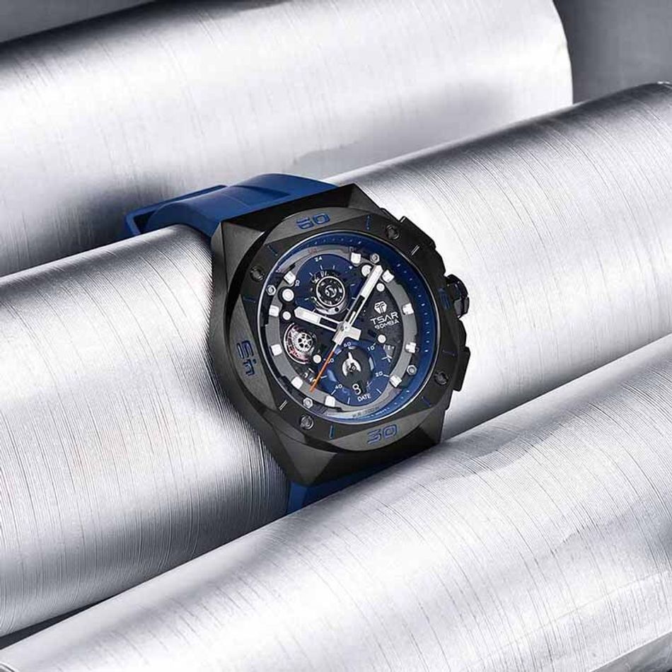 Tsar Bomba 機械公爵 | 元素系列 TB8801Q-03 | 黑框 藍色矽膠錶帶 石英錶錶面展示