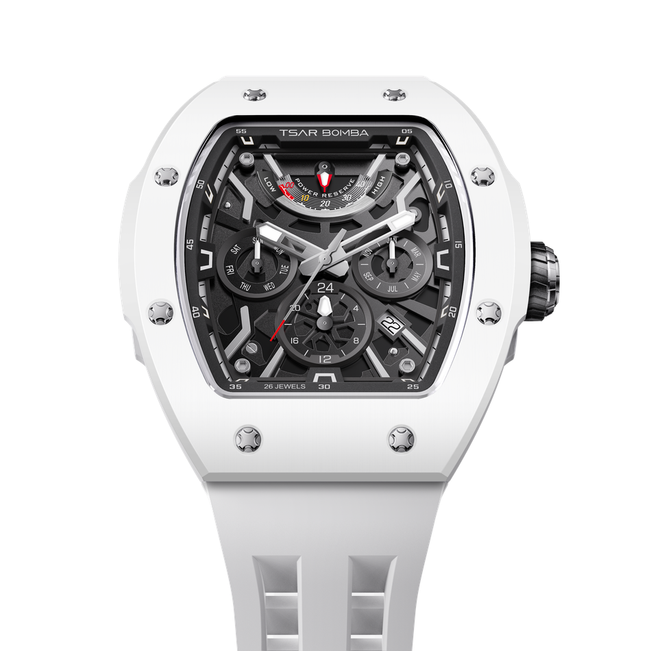 Tsar Bomba 機械公爵 | 原子系列 TB8222C-01 | 白色陶瓷框 氟橡膠錶帶 機械錶正面細節