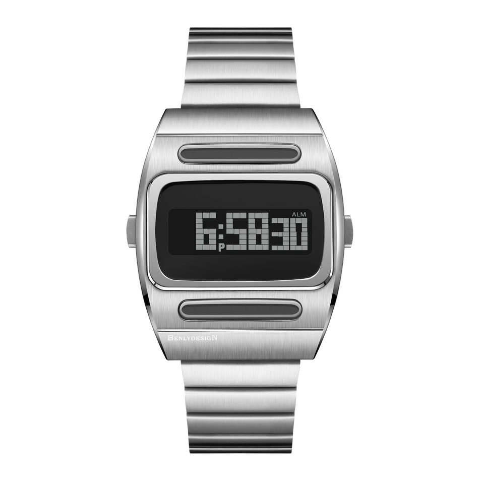 Benlydesign | G100系列 G100S-S | 銀色不鏽鋼太陽能多功能電子錶正面