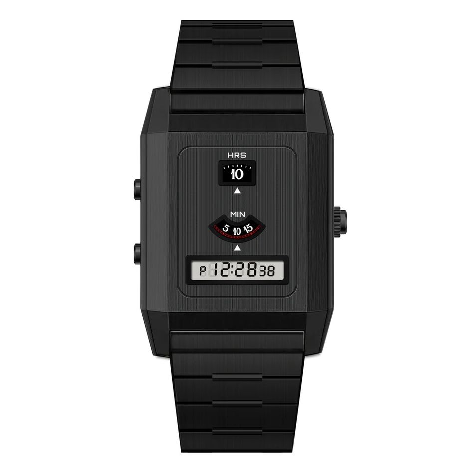 Benlydesign ｜C-0PO-B ｜ 黑色科技復古 LCD雙時區 不鏽鋼電子錶正面