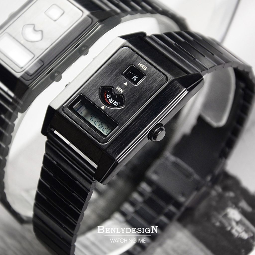 Benlydesign ｜C-0PO-B ｜ 黑色科技復古 LCD雙時區 不鏽鋼電子錶側面