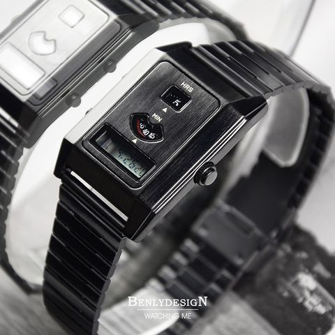 Benlydesign ｜C-0PO-B ｜ 黑色科技復古 LCD雙時區 不鏽鋼電子錶側面