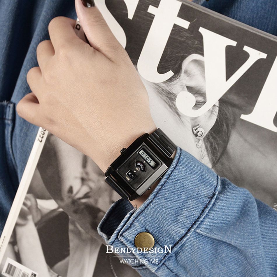 Benlydesign ｜C-0PO-B ｜ 黑色科技復古 LCD雙時區 不鏽鋼電子錶配戴參考
