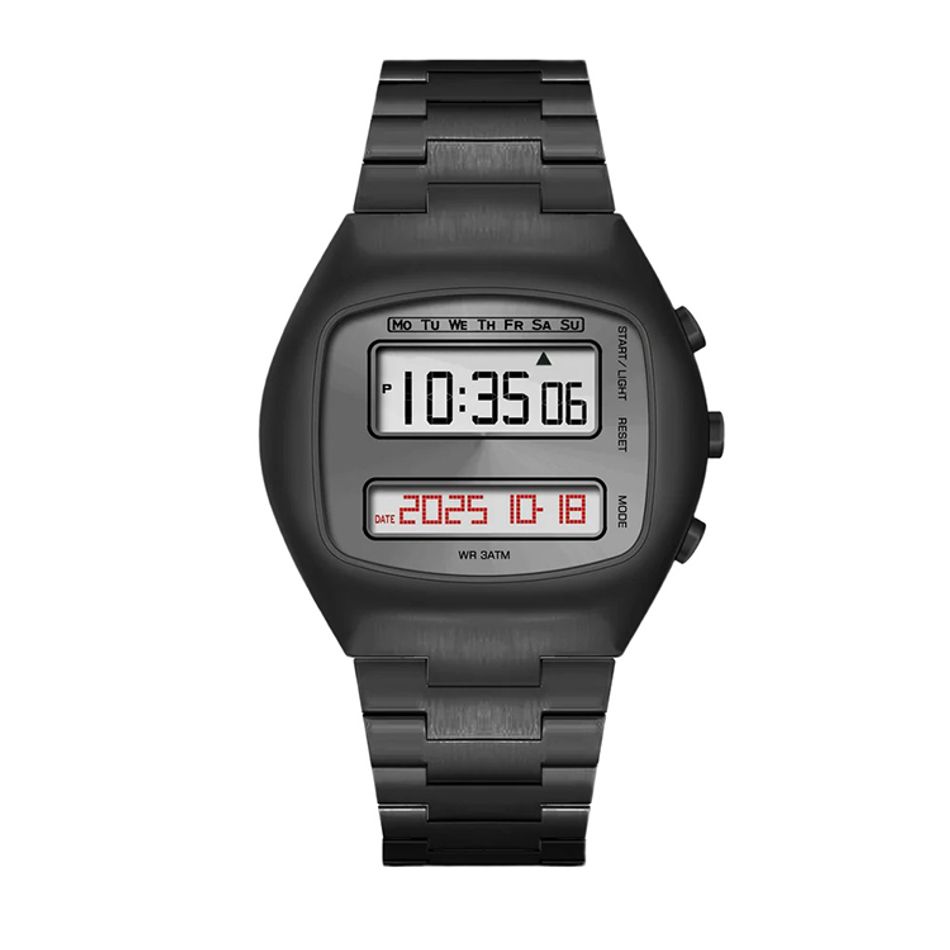 Benlydesign｜TV型 TV-B｜黑色復古電視造型 LCD顯示 多功能 不鏽鋼電子錶正面