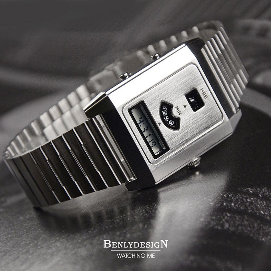 Benlydesign | C-0PO-S | 銀色科技復古款LCD多功能雙時區 不鏽鋼電子錶側面細節