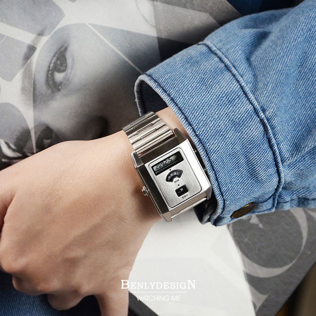 Benlydesign | C-0PO-S | 銀色科技復古款LCD多功能雙時區 不鏽鋼電子錶配戴參考