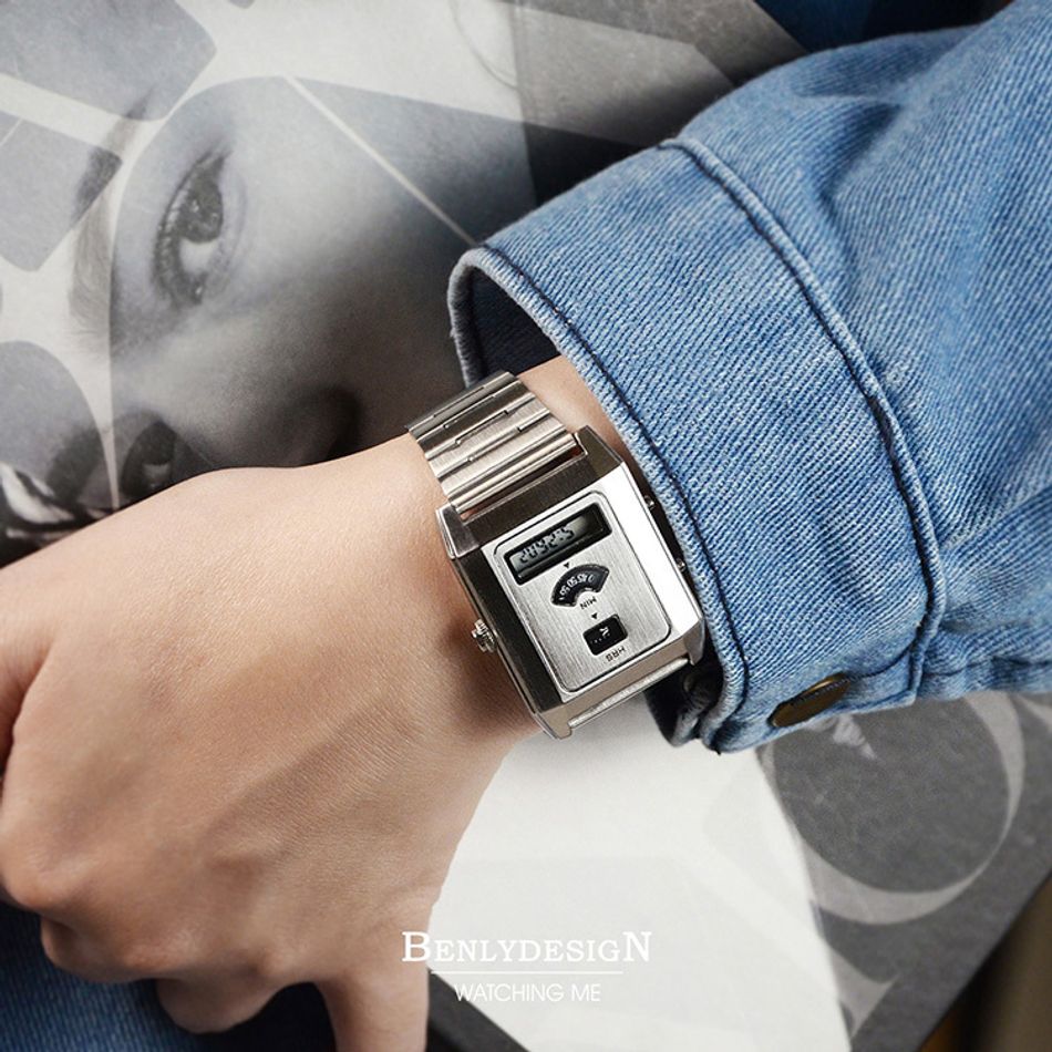 Benlydesign | C-0PO-S | 銀色科技復古款LCD多功能雙時區 不鏽鋼電子錶配戴參考