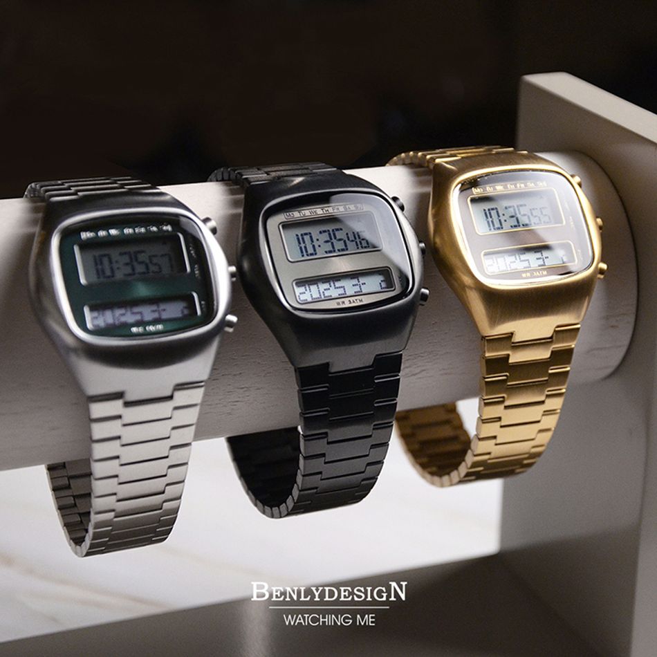 Benlydesign｜TV-S｜銀色綠面復古電視造型 LCD不鏽鋼電子錶系列圖