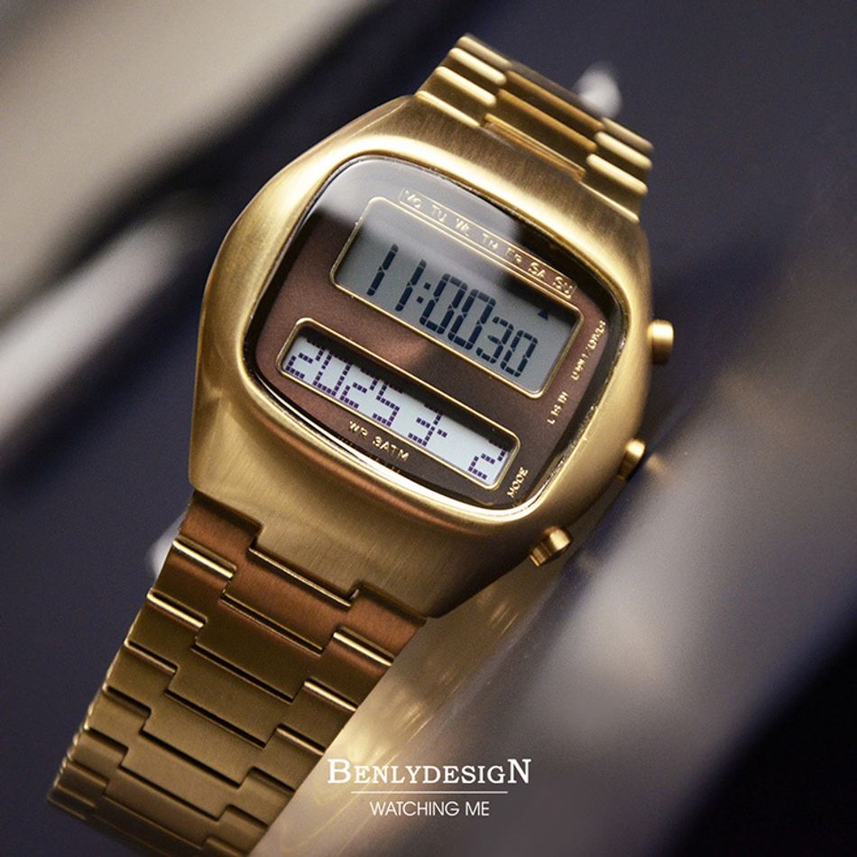 Benlydesign｜TV-G｜金色復古電視造型 LCD不鏽鋼電子錶側面細節