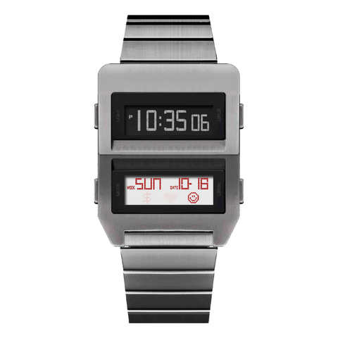 Benlydesign｜Matrix型｜銀色兩視窗 LCD不鏽鋼錶帶 電子錶正面