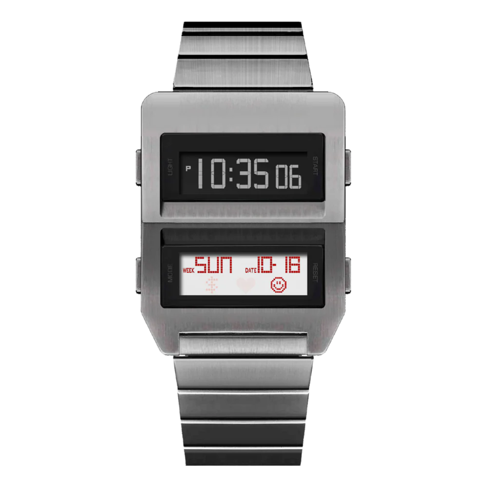 Benlydesign｜Matrix型｜銀色兩視窗 LCD不鏽鋼錶帶 電子錶正面