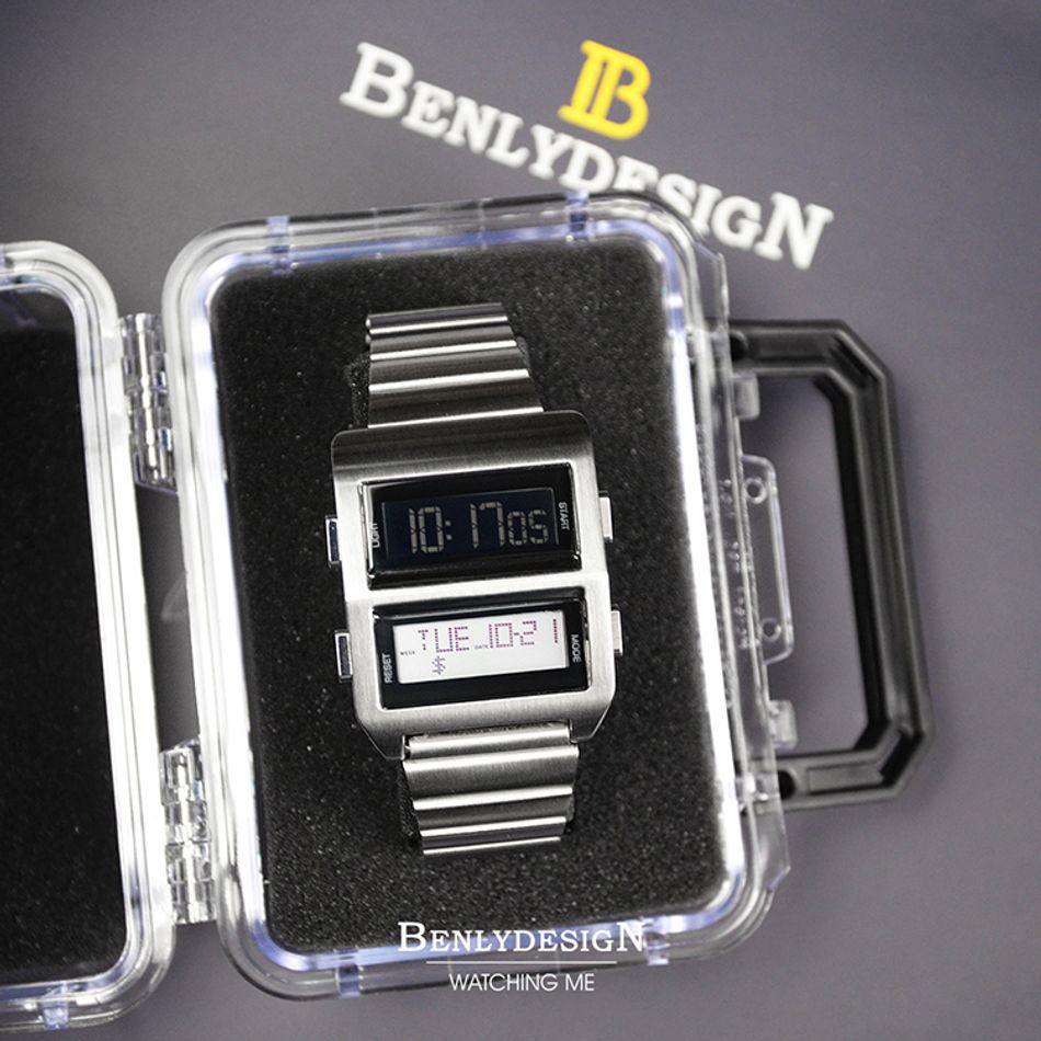Benlydesign｜Matrix型｜銀色兩視窗 LCD不鏽鋼錶帶 電子錶盒裝