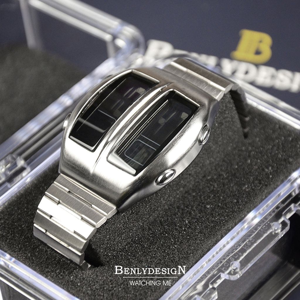 Benlydesign｜Flip型 KR-S｜銀色兩視窗翻轉 LCD不鏽鋼電子錶側面