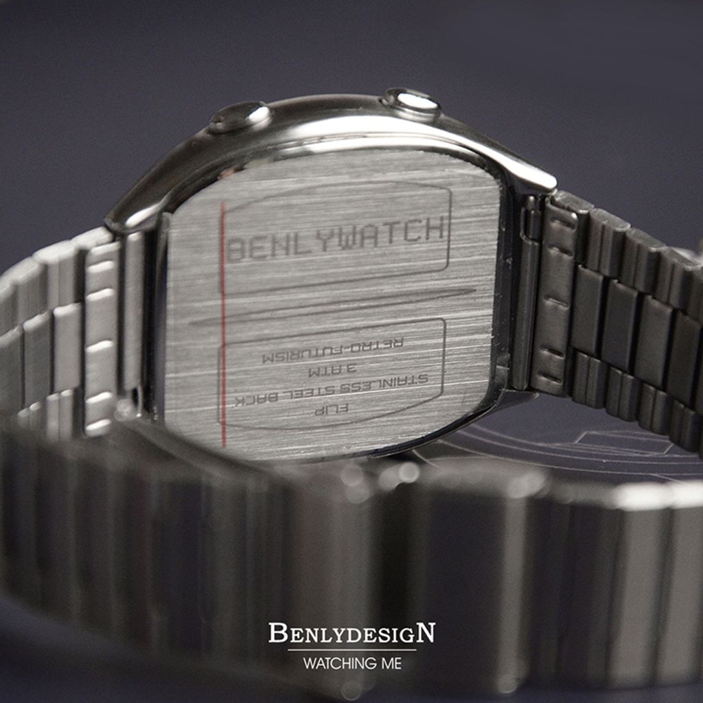 Benlydesign｜Flip型 KR-S｜銀色兩視窗翻轉 LCD不鏽鋼電子錶背面