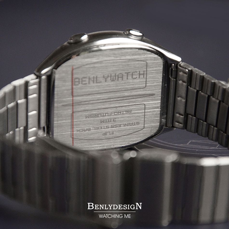 Benlydesign｜Flip型 KR-S｜銀色兩視窗翻轉 LCD不鏽鋼電子錶背面