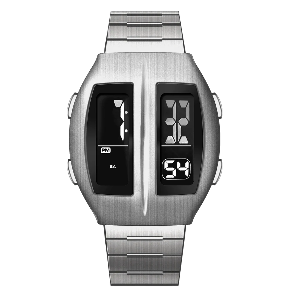 Benlydesign｜Flip型 KR-S｜銀色兩視窗翻轉 LCD不鏽鋼電子錶正面