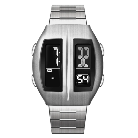 Benlydesign｜Flip型 KR-S｜銀色兩視窗翻轉 LCD不鏽鋼電子錶正面