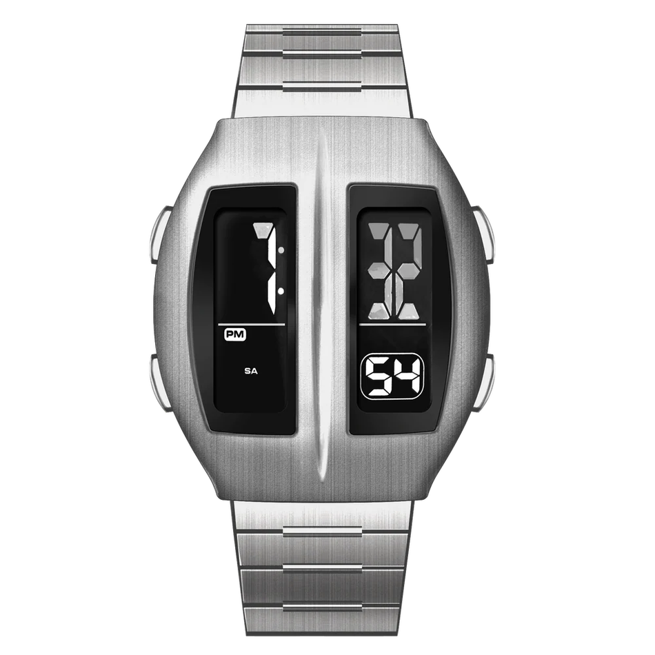 Benlydesign｜Flip型 KR-S｜銀色兩視窗翻轉 LCD不鏽鋼電子錶正面