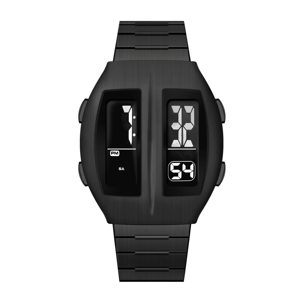 Benlydesign｜Flip型 KR-B｜黑色兩視窗翻轉 LCD不鏽鋼電子錶正面