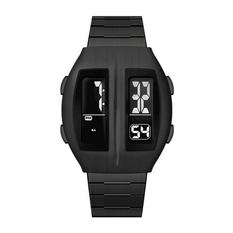 Benlydesign｜Flip型 KR-B｜黑色兩視窗翻轉 LCD不鏽鋼電子錶正面