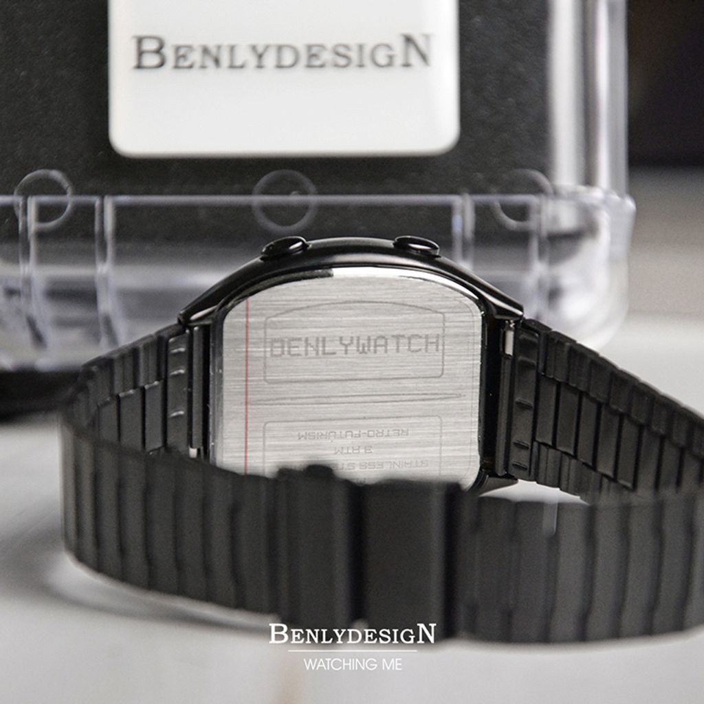 Benlydesign｜Flip型 KR-B｜黑色兩視窗翻轉 LCD不鏽鋼電子錶背面