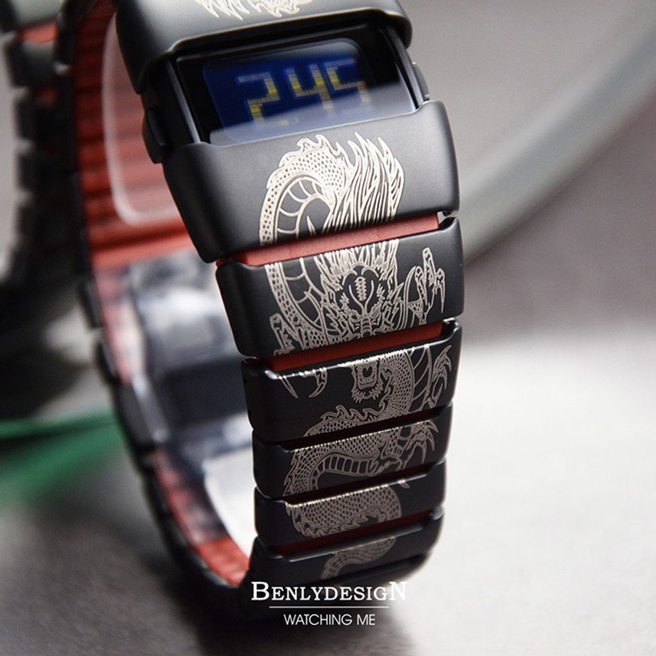 Benlydesign｜X6000型 X6000Dragon｜黑紅色龍紋款 LCD不鏽鋼電子錶錶帶龍紋