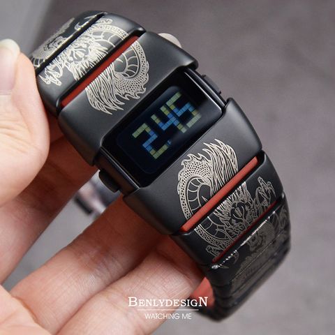 Benlydesign｜X6000型 X6000Dragon｜黑紅色龍紋款 LCD不鏽鋼電子錶正面細節