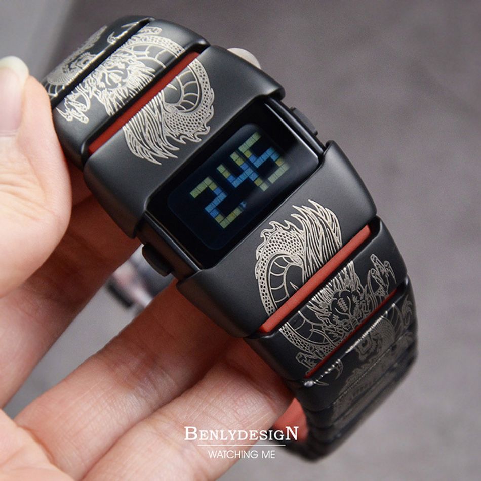Benlydesign｜X6000型 X6000Dragon｜黑紅色龍紋款 LCD不鏽鋼電子錶正面細節