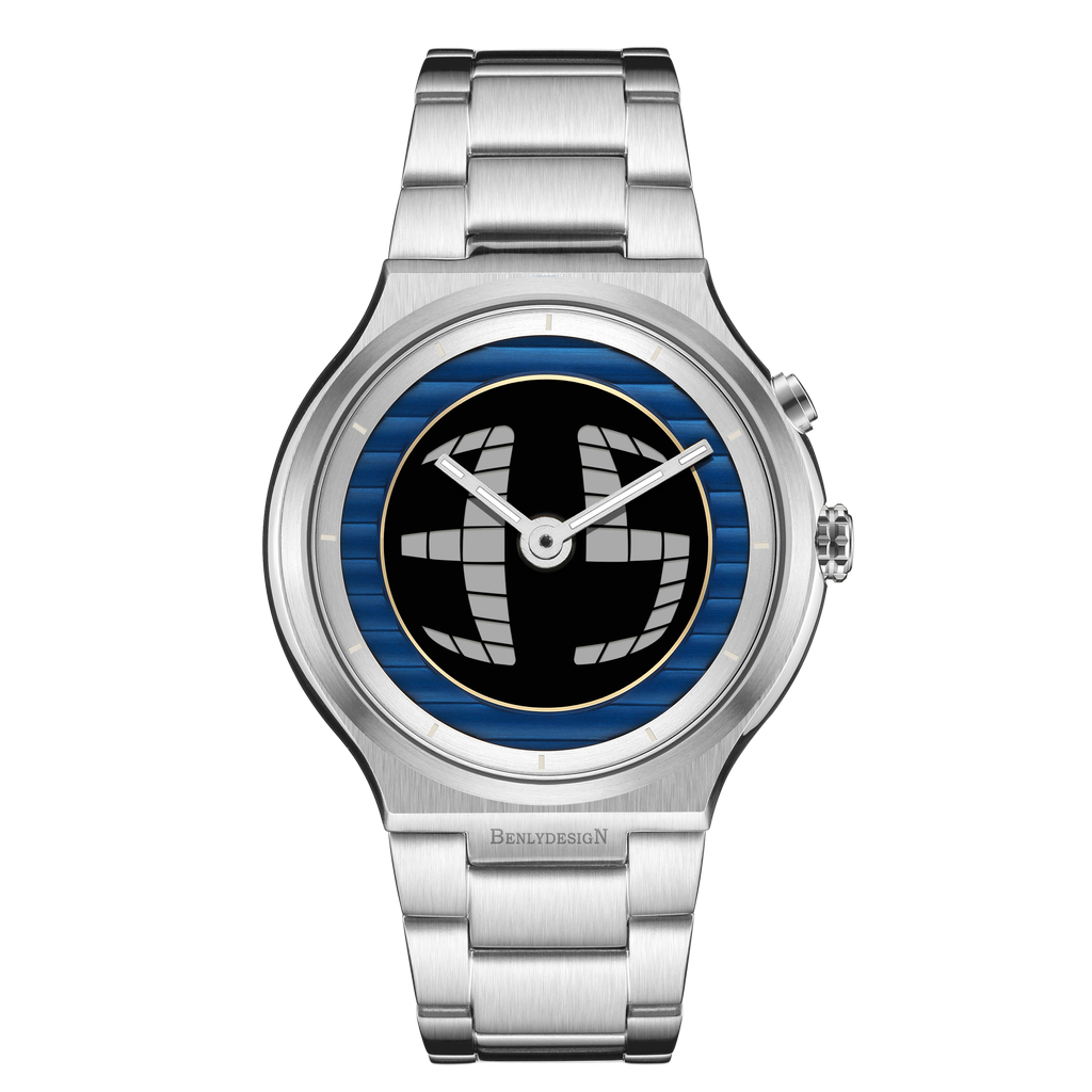 Benlydesign｜GX550型 GX550-Silver｜銀色藍圈款 指針+電子螢幕顯示不鏽鋼石英錶正面