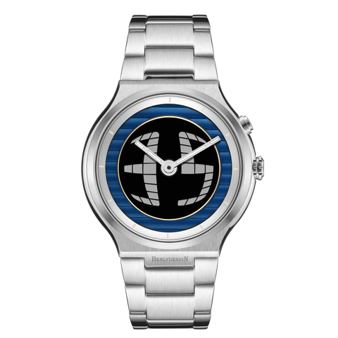 Benlydesign｜GX550型 GX550-Silver｜銀色藍圈款 指針+電子螢幕顯示不鏽鋼石英錶正面