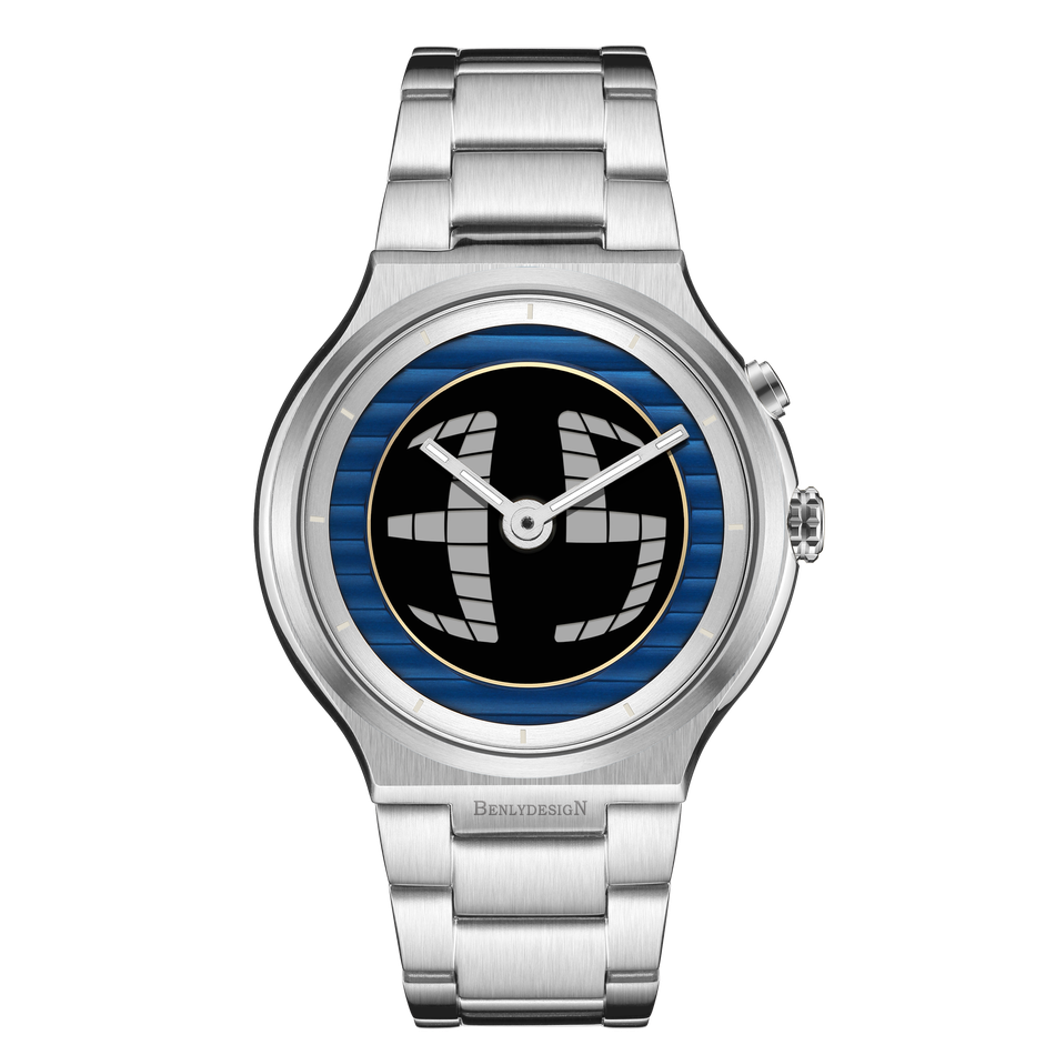 Benlydesign｜GX550型 GX550-Silver｜銀色藍圈款 指針+電子螢幕顯示不鏽鋼石英錶正面