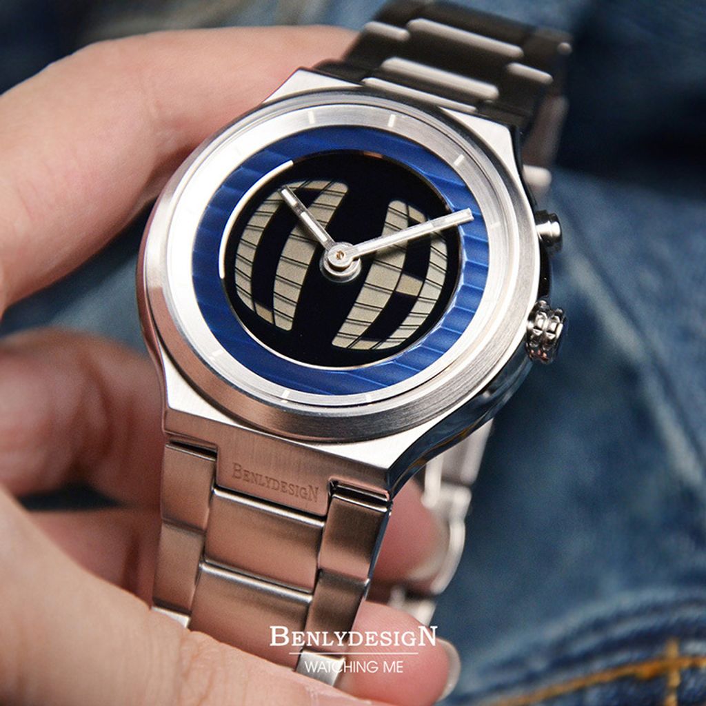Benlydesign｜GX550型 GX550-Silver｜銀色藍圈款 指針+電子螢幕顯示不鏽鋼石英錶正面細節
