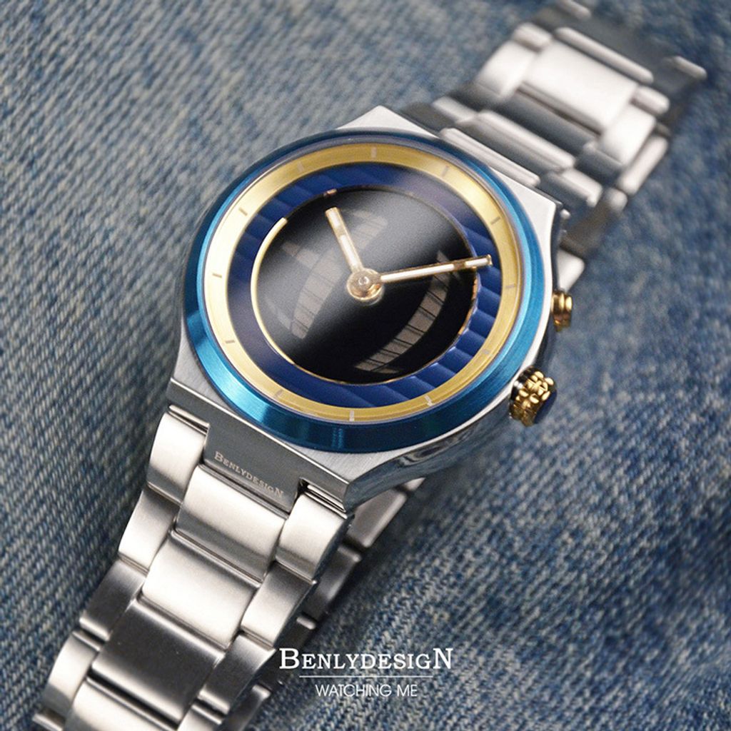 Benlydesign｜GX550型 GX550-Silver-Gold｜銀色藍+金圈款 指針+電子螢幕顯示 多種跳動模式 不鏽鋼石英錶側面細節