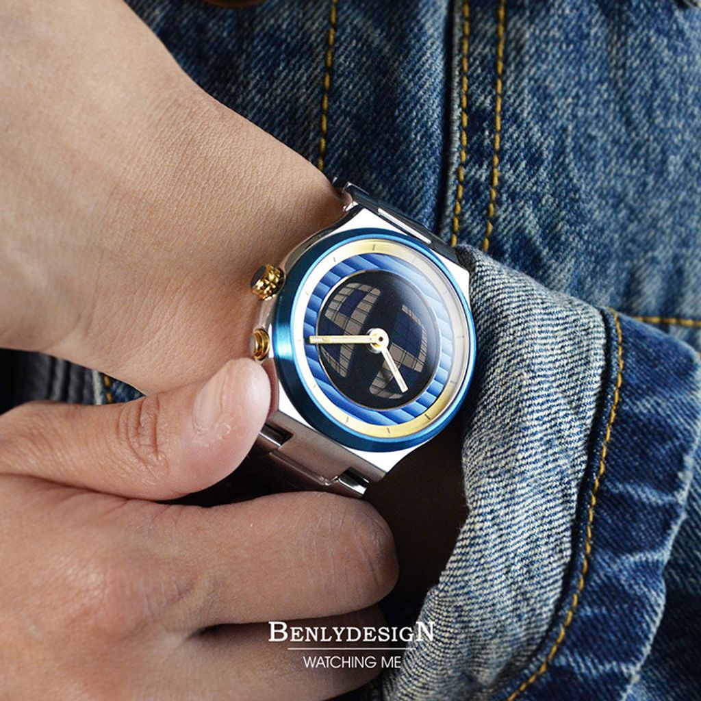 Benlydesign｜GX550型 GX550-Silver-Gold｜銀色藍+金圈款 指針+電子螢幕顯示 多種跳動模式 不鏽鋼石英錶配戴細節
