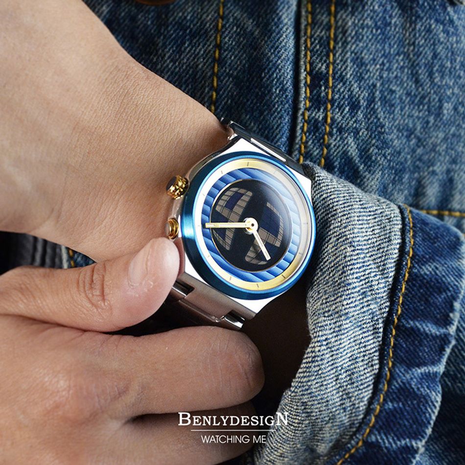 Benlydesign｜GX550型 GX550-Silver-Gold｜銀色藍+金圈款 指針+電子螢幕顯示 多種跳動模式 不鏽鋼石英錶配戴細節