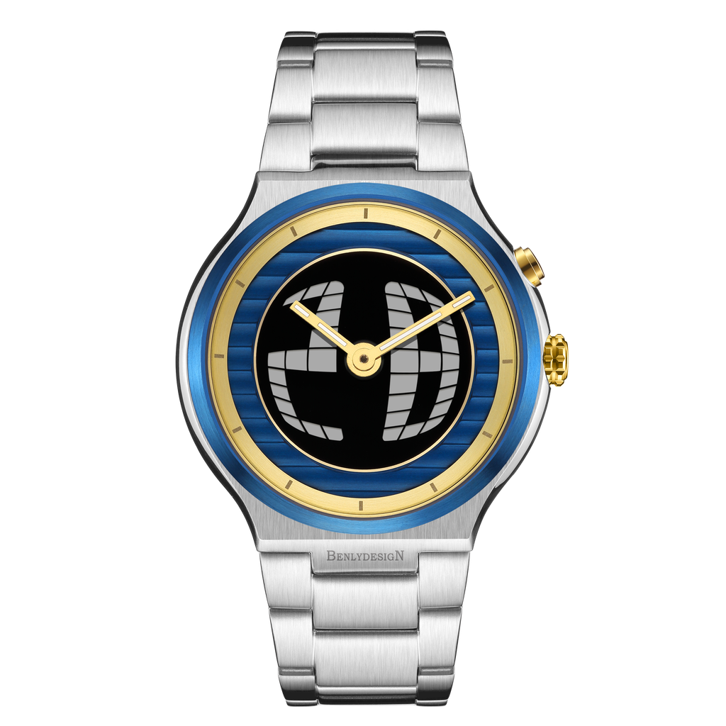 Benlydesign｜GX550型 GX550-Silver-Gold｜銀色藍+金圈款 指針+電子螢幕顯示 多種跳動模式 不鏽鋼石英錶正面