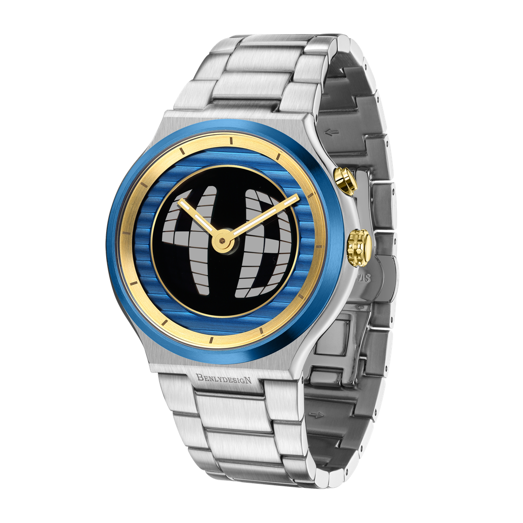 Benlydesign｜GX550型 GX550-Silver-Gold｜銀色藍+金圈款 指針+電子螢幕顯示 多種跳動模式 不鏽鋼石英錶側面