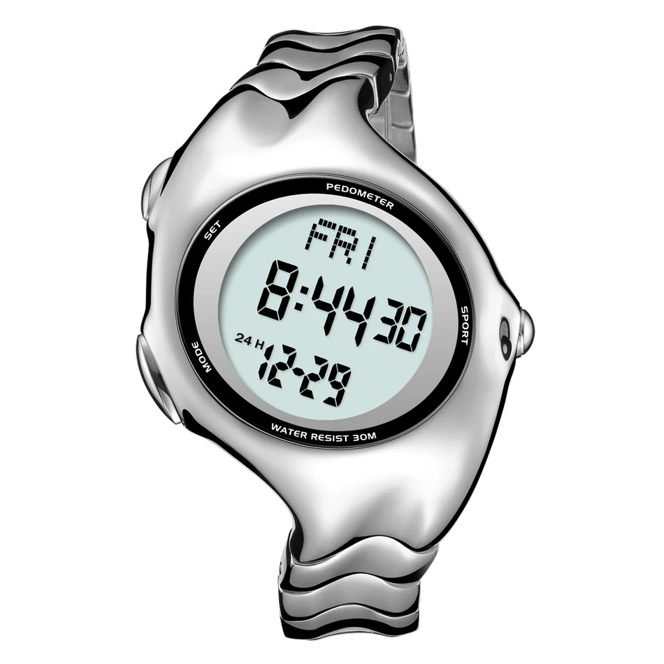 Benlydesign｜X5000型 X5000-D-S｜亮面銀色Y2k款 電子螢幕顯示 不鏽鋼電子錶正面