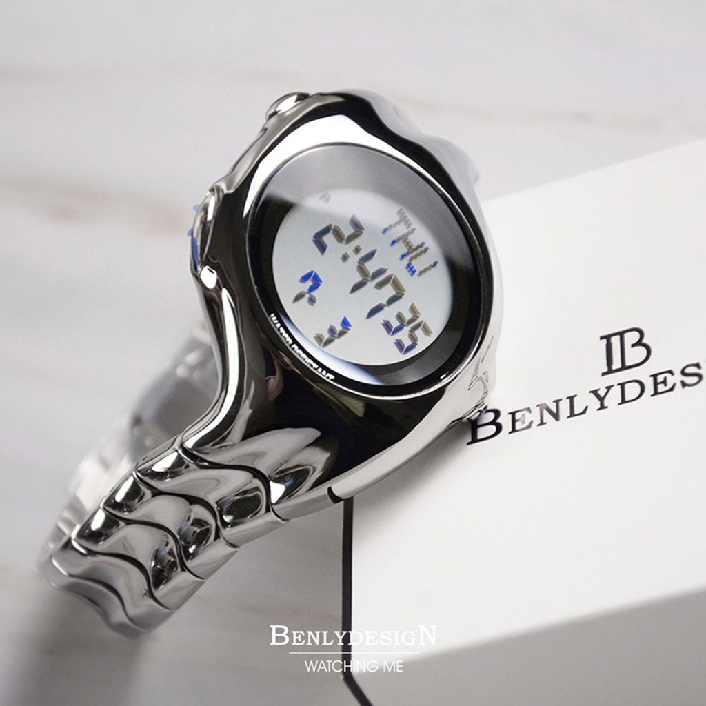 Benlydesign｜X5000型 X5000-D-S｜亮面銀色Y2k款 電子螢幕顯示 不鏽鋼電子錶正面橫式
