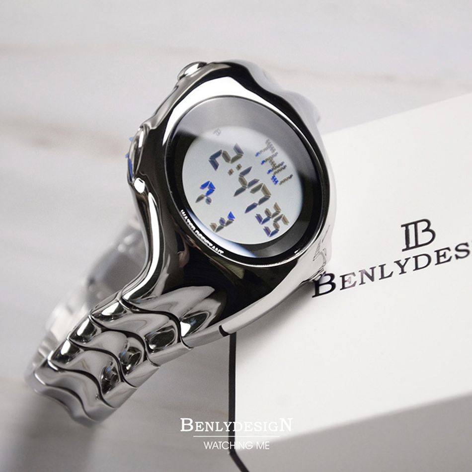 Benlydesign｜X5000型 X5000-D-S｜亮面銀色Y2k款 電子螢幕顯示 不鏽鋼電子錶正面橫式