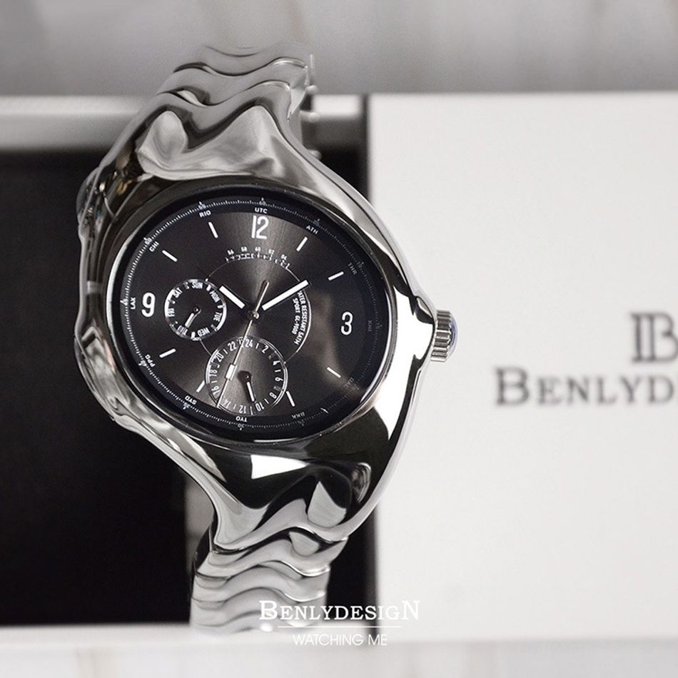 Benlydesign｜GL9000型 GL9000-B｜黑面銀框款 指針式數字 不鏽鋼錶帶石瑛錶正面俯視