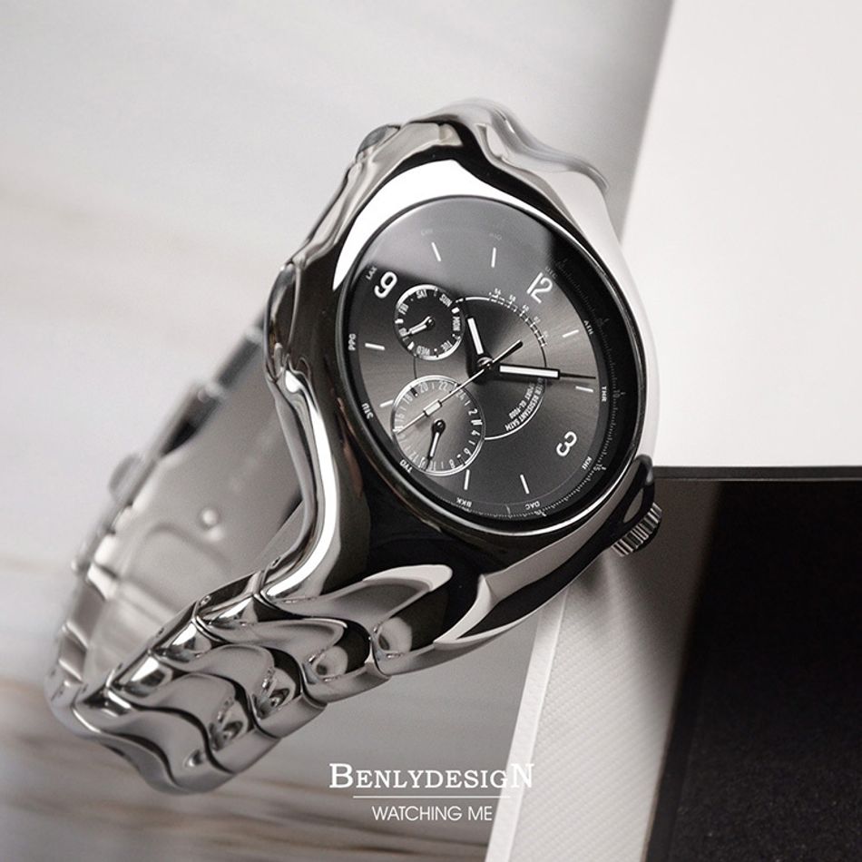 Benlydesign｜GL9000型 GL9000-B｜黑面銀框款 指針式數字 不鏽鋼錶帶石瑛錶側面