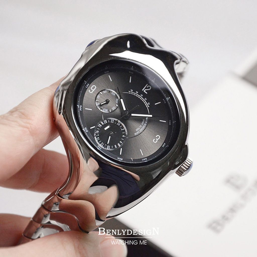 Benlydesign｜GL9000型 GL9000-B｜黑面銀框款 指針式數字 不鏽鋼錶帶石瑛錶正面細節