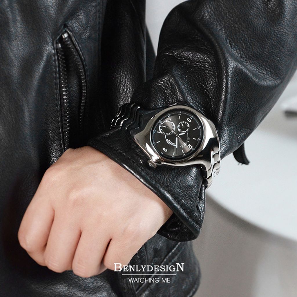 Benlydesign｜GL9000型 GL9000-B｜黑面銀框款 指針式數字 不鏽鋼錶帶石瑛錶配戴